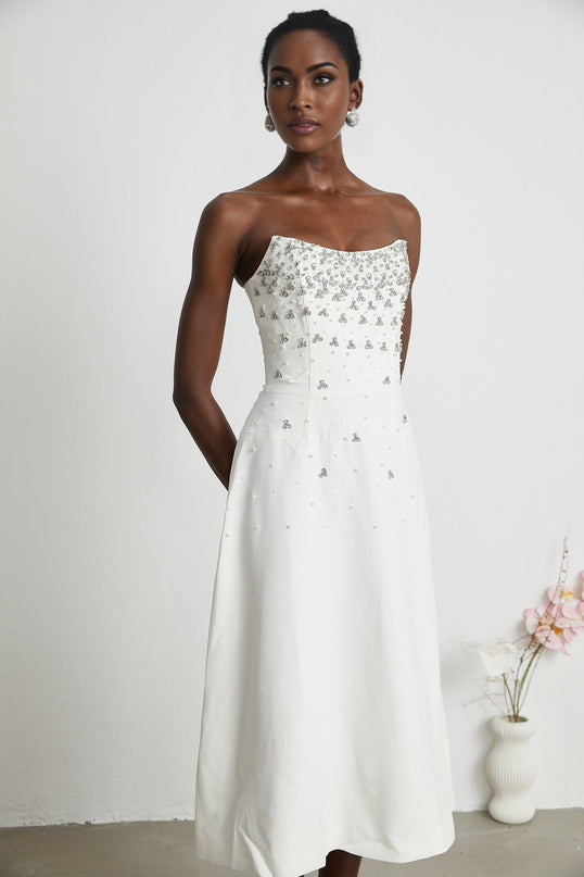 Denise White Pearl Crystal Midi Dress