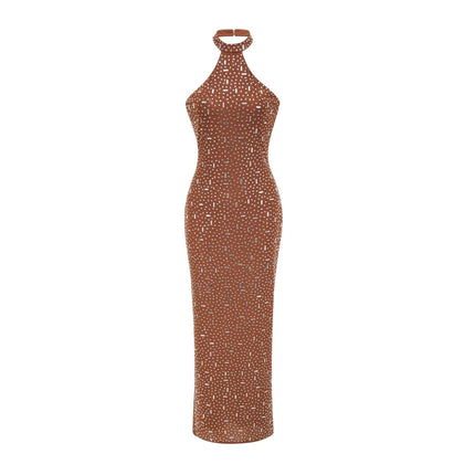 Désirée Brown Crystal Embellished Halter Neck Maxi Dress