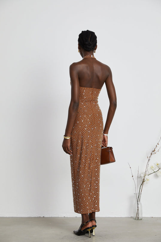 Désirée Brown Crystal Embellished Halter Neck Maxi Dress