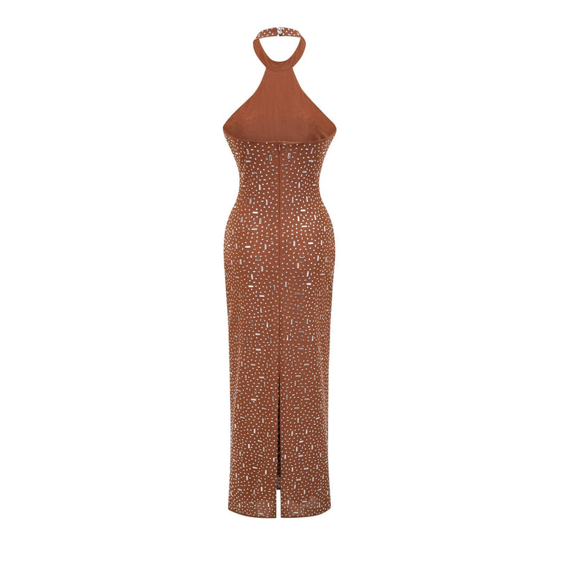 Désirée Brown Crystal Embellished Halter Neck Maxi Dress