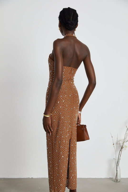 Désirée Brown Crystal Embellished Halter Neck Maxi Dress