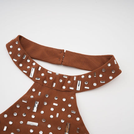 Désirée Brown Crystal Embellished Halter Neck Maxi Dress