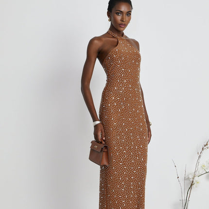 Désirée Brown Halter Neck Maxi Dress With Crystal Embellishment