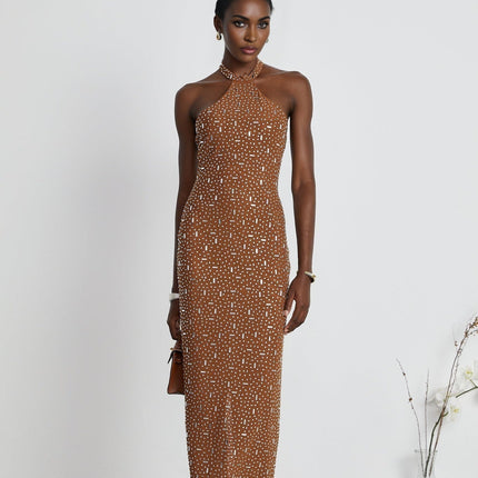 Désirée Brown Halter Neck Maxi Dress With Crystal Embellishment