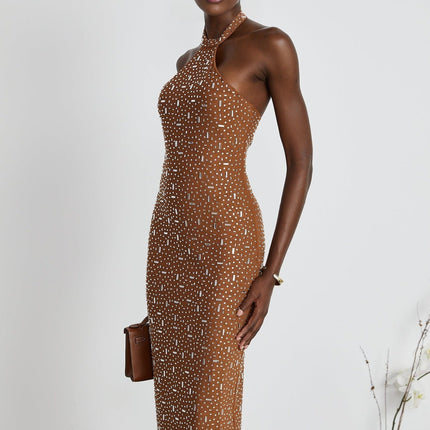 Désirée Brown Halter Neck Maxi Dress With Crystal Embellishment