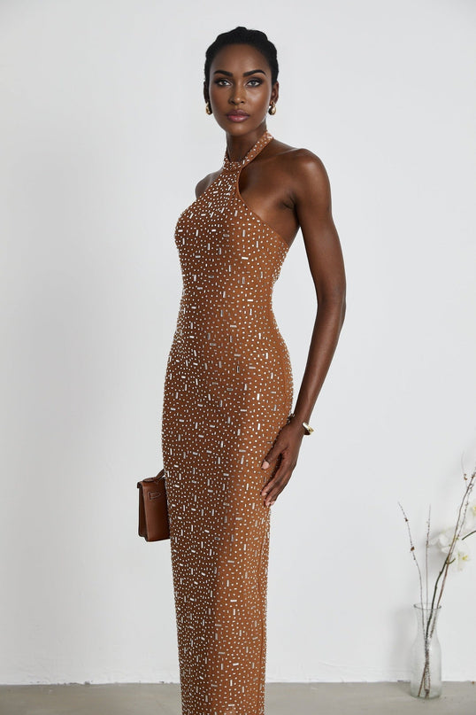 Désirée Brown Halter Neck Maxi Dress With Crystal Embellishment