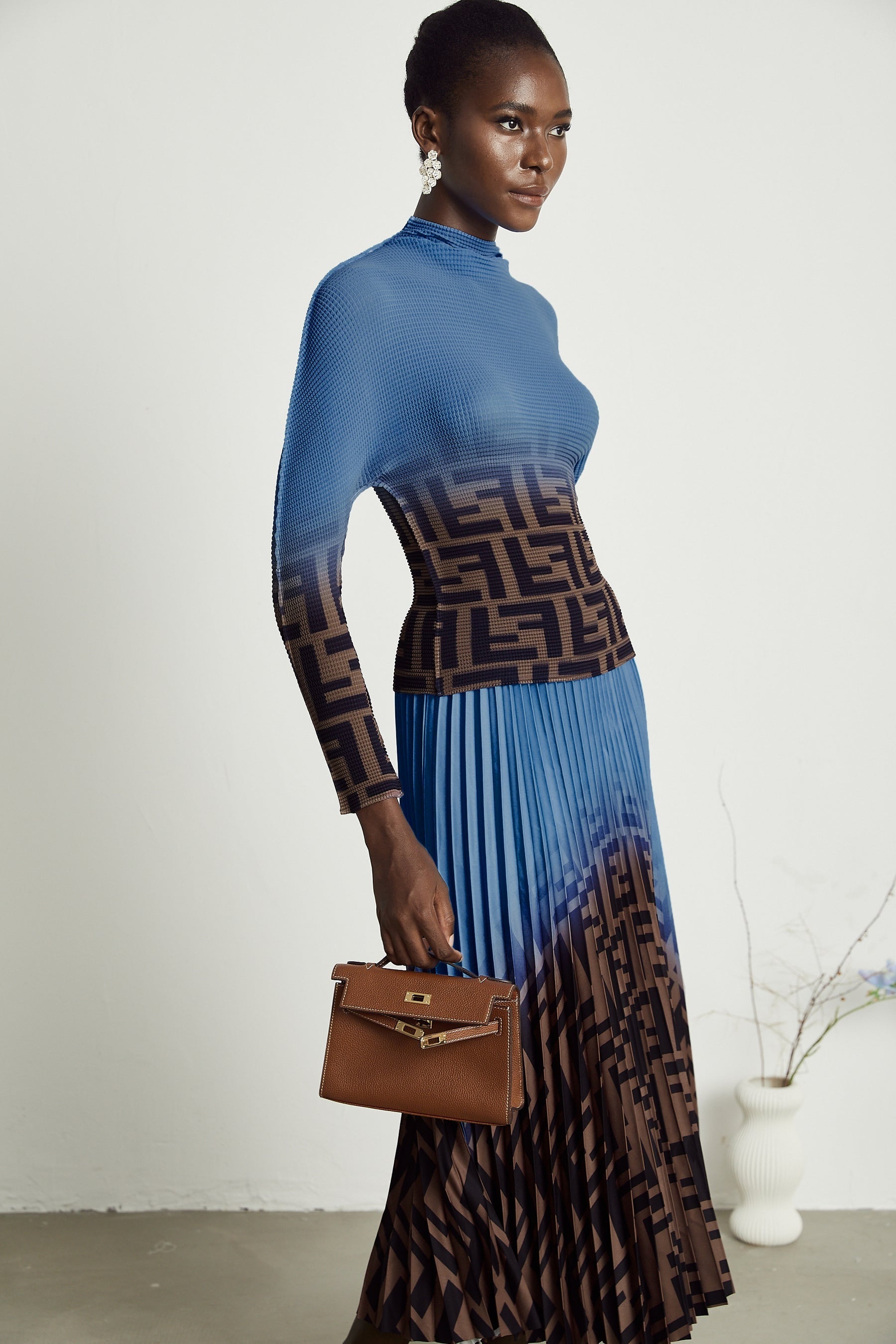Désirée Color Block Pleated Top  Skirt Matching Set in Dark Blue