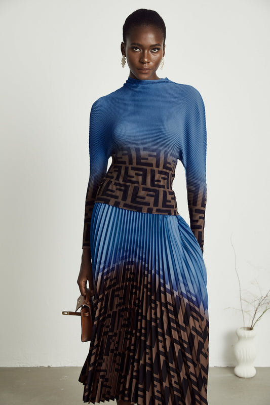 Désirée Color Block Pleated Top  Skirt Matching Set in Dark Blue