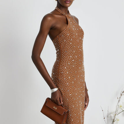 Désirée Halter Neck Maxi Dress With Crystal Embellishment Brown