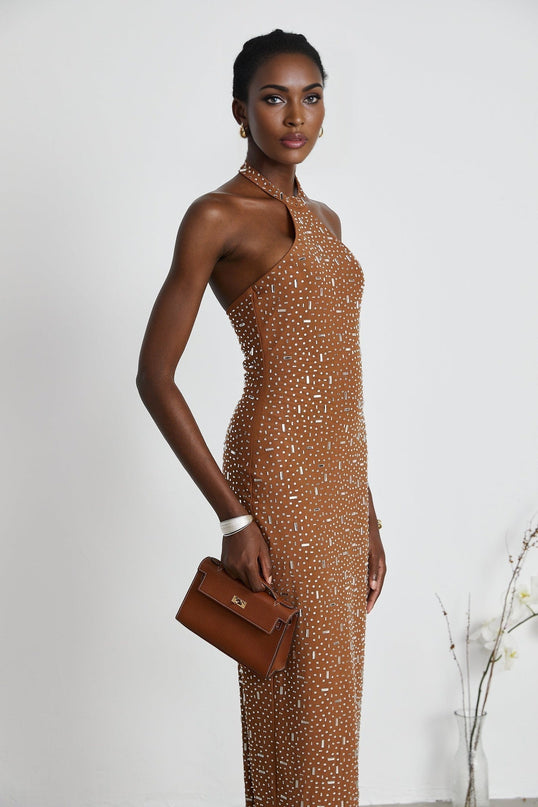 Désirée Halter Neck Maxi Dress With Crystal Embellishment Brown