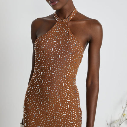 Désirée Halter Neck Maxi Dress With Crystal Embellishment in Brown