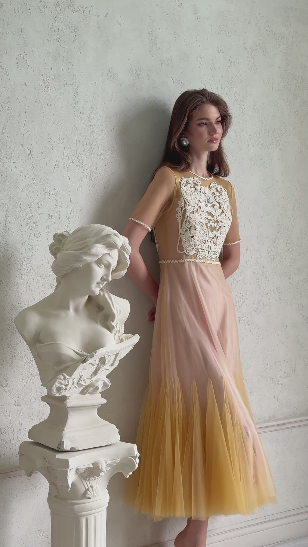 Despoina Yellow Floral Braided Tulle Midi Dress