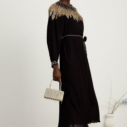 Destiny Black Gold Midi Dress with Sequin Embellishments and Tulle Paneling