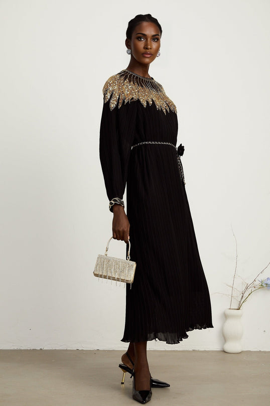 Destiny Black Gold Midi Dress with Sequin Embellishments and Tulle Paneling
