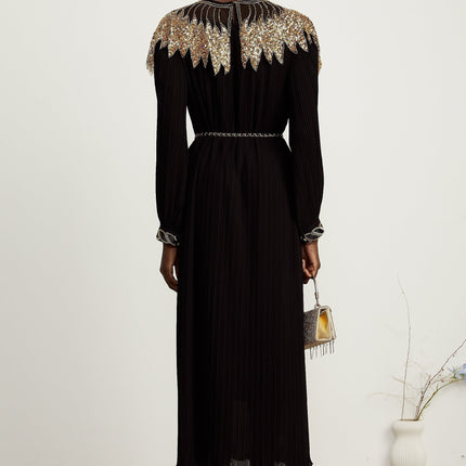 Destiny Black Gold Midi Dress with Sequin Embellishments Tulle Paneling and Ruffled Trim
