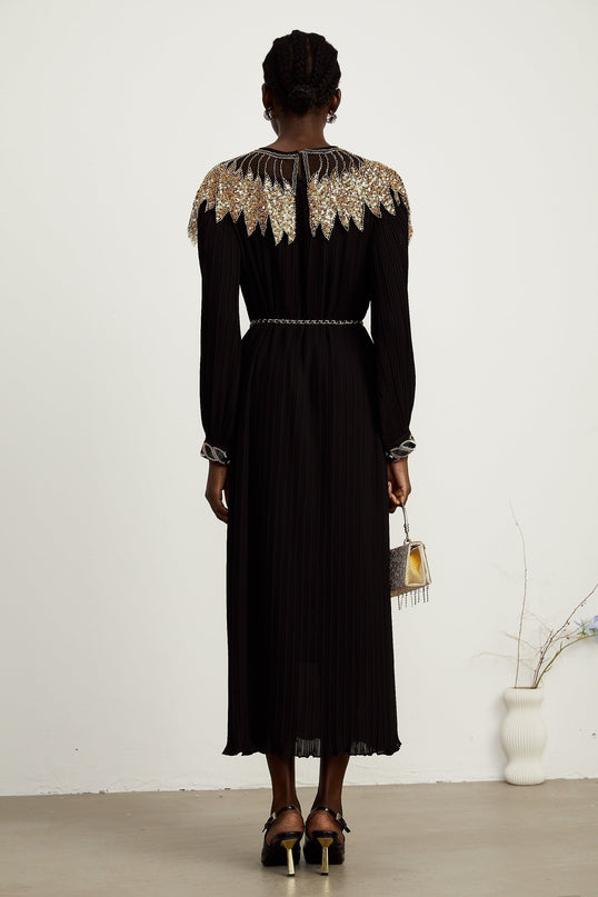 Destiny Black Gold Midi Dress with Sequin Embellishments Tulle Paneling and Ruffled Trim