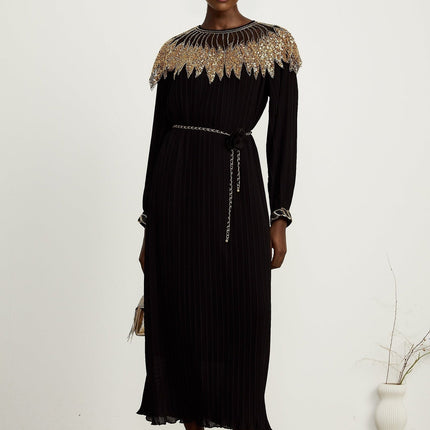 Destiny Black Gold Midi Dress with Sequin Embellishments and Tulle Paneling