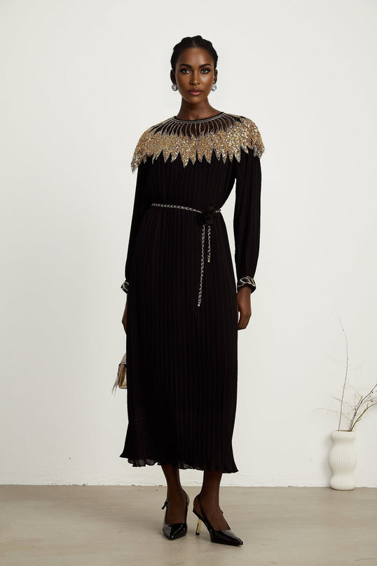 Destiny Black Gold Midi Dress with Sequin Embellishments and Tulle Paneling