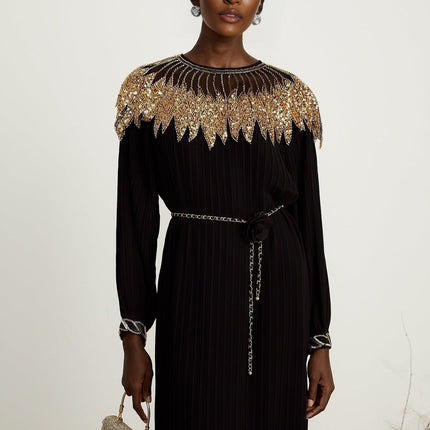 Destiny Black and Gold Sequin Midi Dress with Tulle Paneling