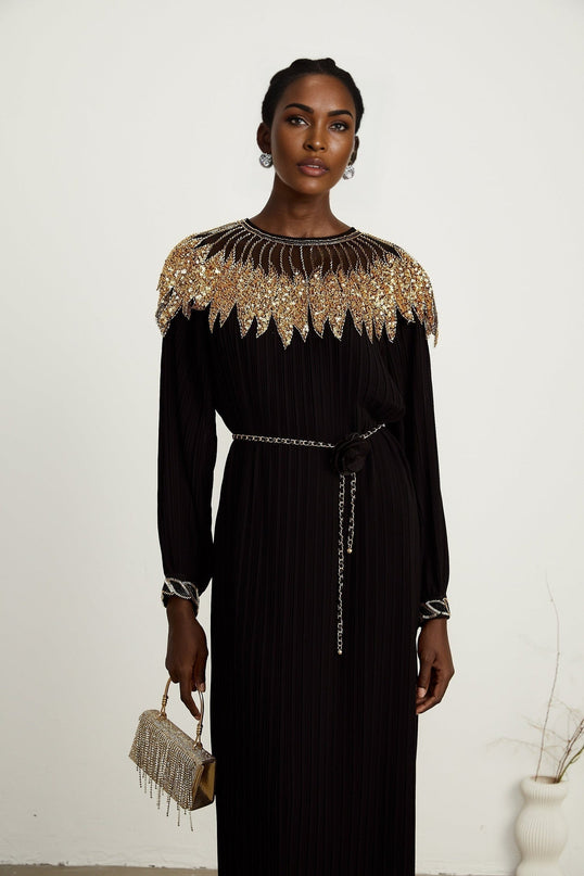 Destiny Black and Gold Sequin Midi Dress with Tulle Paneling