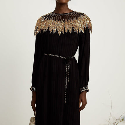 Destiny Black and Gold Sequin Midi Dress with Tulle Paneling and Ruffled Trim