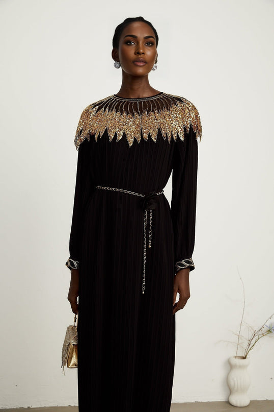 Destiny Black and Gold Sequin Midi Dress with Tulle Paneling and Ruffled Trim