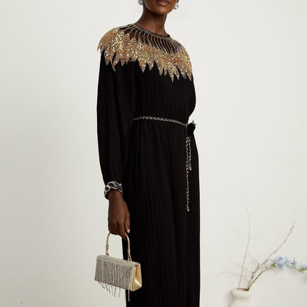 Destiny Black and Gold Sequin Midi Dress with Balloon Sleeves and Tulle Paneling