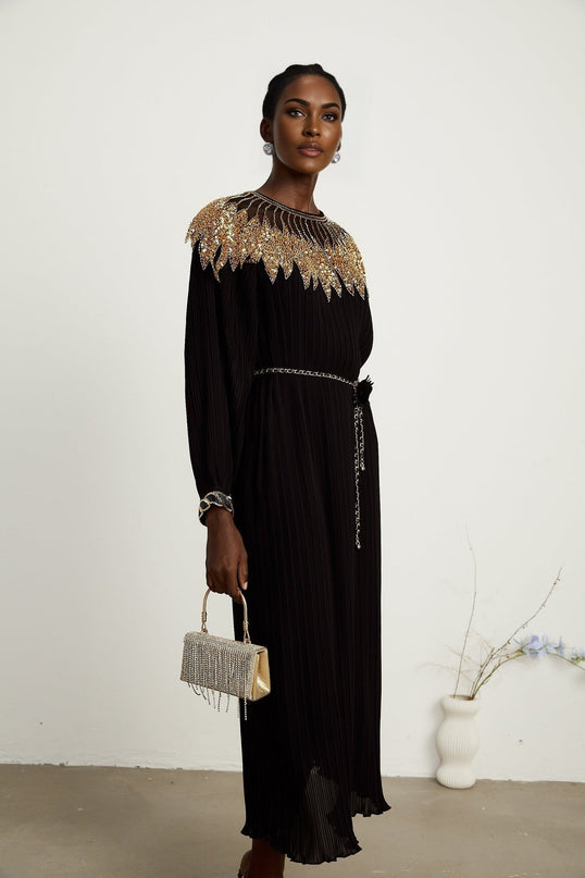 Destiny Black and Gold Sequin Midi Dress with Balloon Sleeves and Tulle Paneling