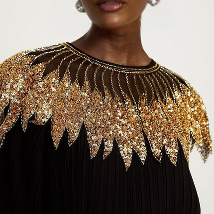 Destiny Black and Gold Sequin Midi Dress with Tulle Paneling and Ruffled Trim