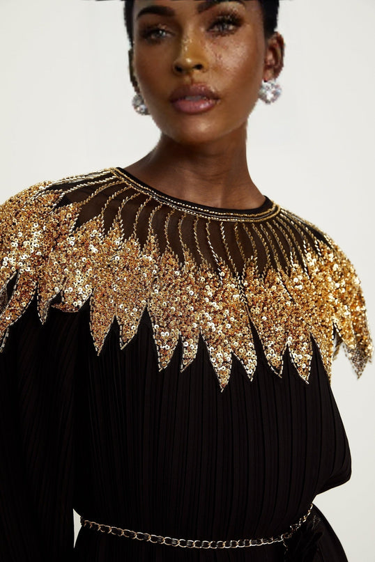 Destiny Black and Gold Sequin Midi Dress with Tulle Paneling and Ruffled Trim
