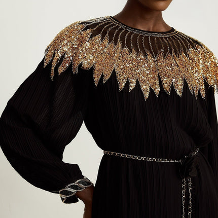 Destiny Black and Gold Sequin Midi Dress with Balloon Sleeves and Metal Waist-tie