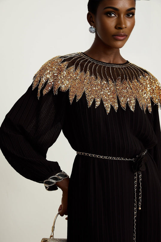 Destiny Black and Gold Sequin Midi Dress with Balloon Sleeves and Metal Waist-tie