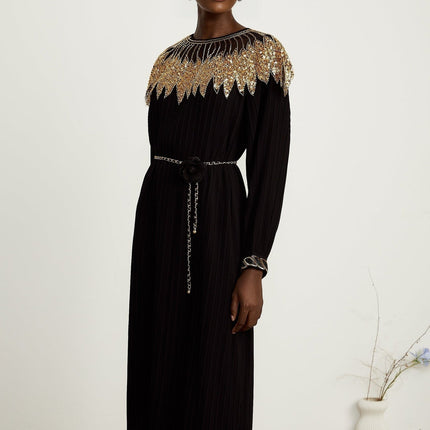 Destiny Black Gold Sequin Midi Dress with Tulle Paneling and Ruffled Trim