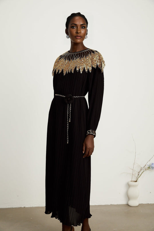 Destiny Black Gold Sequin Midi Dress with Tulle Paneling and Ruffled Trim