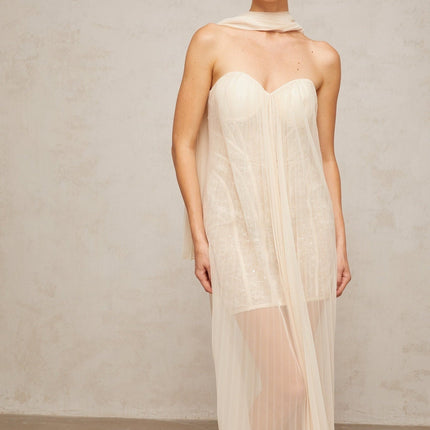 Destiny Elegant Maxi Dress in Neutrals Sequin Embellished Tulle Overlay Sweetheart Neck Ribbon Design Off-the-Shoulder Silhouette Boned Structure Rear Zip Fastening