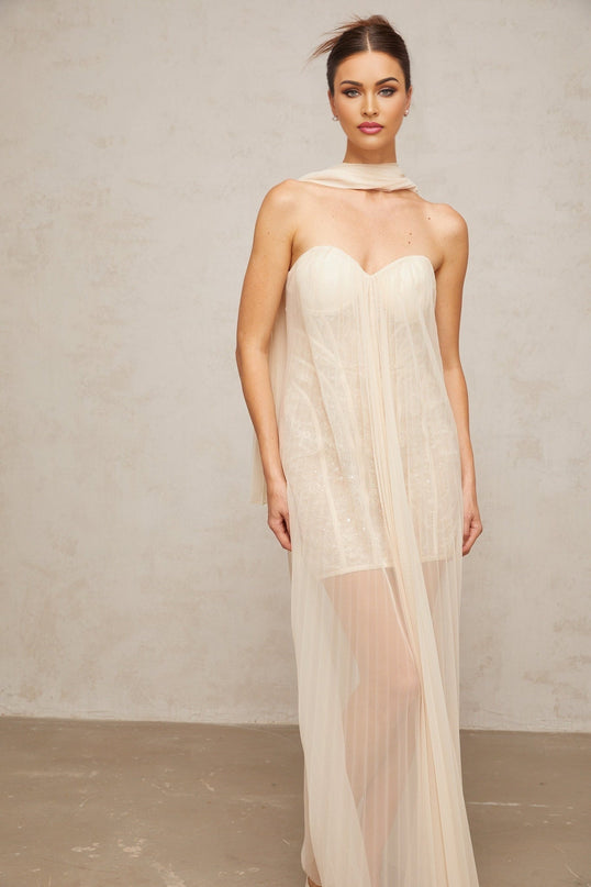 Destiny Elegant Maxi Dress in Neutrals Sequin Embellished Tulle Overlay Sweetheart Neck Ribbon Design Off-the-Shoulder Silhouette Boned Structure Rear Zip Fastening