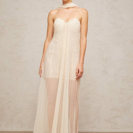 Destiny Elegant Maxi Dress in Neutrals Sequin Tulle Sweetheart Ribbon Off Shoulder Boned Structure Rear Zip 92% Terylene 8% Spandex