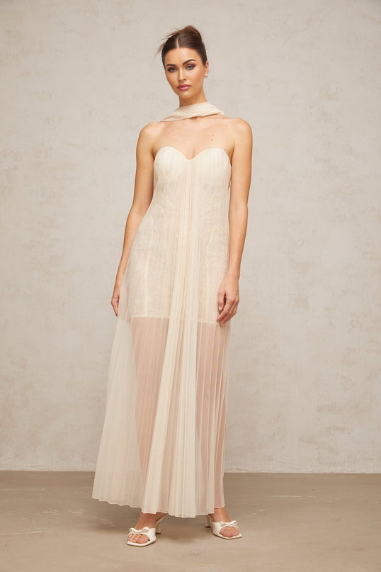 Destiny Elegant Maxi Dress in Neutrals Sequin Tulle Sweetheart Ribbon Off Shoulder Boned Structure Rear Zip 92% Terylene 8% Spandex