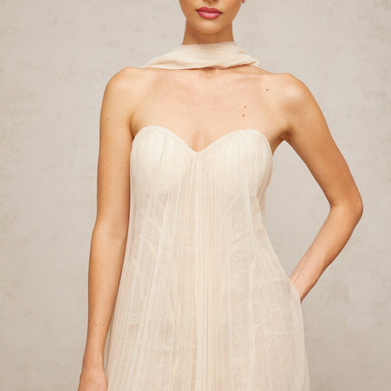 Destiny Elegant Maxi Dress in Neutrals Sequin Tulle Sweetheart Ribbon Off-Shoulder Boned Structure