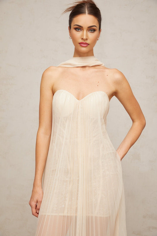 Destiny Elegant Maxi Dress in Neutrals Sequin Tulle Sweetheart Ribbon Off-Shoulder Boned Structure