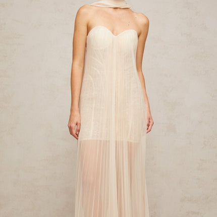 Destiny Elegant Maxi Dress in Neutrals Tulle Sweetheart Ribbon Sequin Off-the-Shoulder Boned Structure