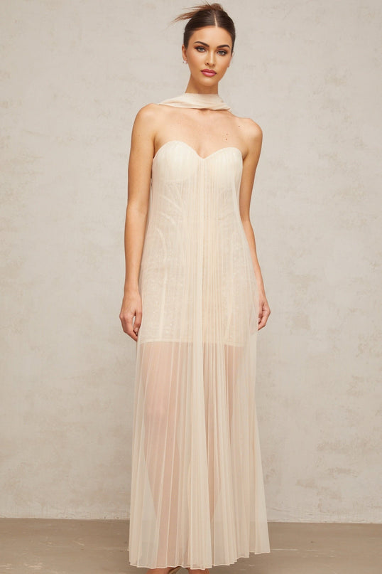 Destiny Elegant Maxi Dress in Neutrals Tulle Sweetheart Ribbon Sequin Off-the-Shoulder Boned Structure