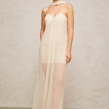 Destiny Elegant Maxi Dress in Neutrals Tulle Sweetheart Ribbon Sequin Off-the-Shoulder Boned Structure Rear Zip Fastening 92% Terylene Fiber 8% Spandex