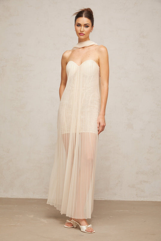 Destiny Elegant Maxi Dress in Neutrals Tulle Sweetheart Ribbon Sequin Off-the-Shoulder Boned Structure Rear Zip Fastening 92% Terylene Fiber 8% Spandex