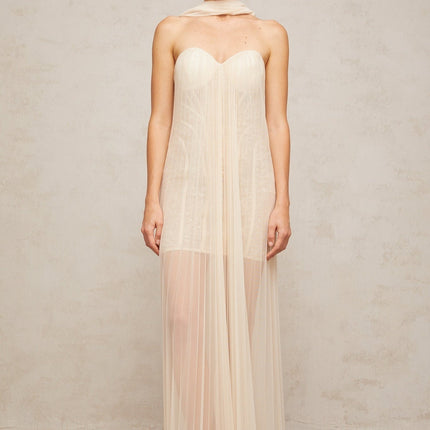 Destiny Elegant Maxi Dress in Neutrals Sequin Embellished Tulle Overlay Sweetheart Neck Ribbon Design Off-the-Shoulder Silhouette Boned Structure Rear Zip Fastening
