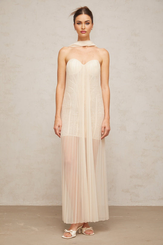 Destiny Elegant Maxi Dress in Neutrals Sequin Embellished Tulle Overlay Sweetheart Neck Ribbon Design Off-the-Shoulder Silhouette Boned Structure Rear Zip Fastening