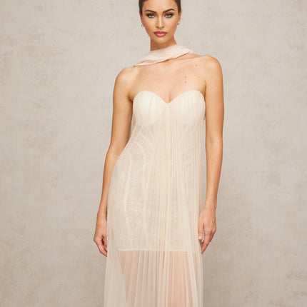 Destiny Elegant Maxi Dress Neutrals Sequin Tulle Sweetheart Ribbon Off-Shoulder Boned Structure Spandex