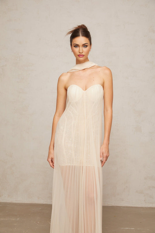 Destiny Elegant Maxi Dress Neutrals Sequin Tulle Sweetheart Ribbon Off-Shoulder Boned Structure Spandex