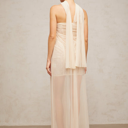 Destiny Elegant Maxi Dress in Neutrals Sequin Ribbon Tulle Sweetheart Off-the-Shoulder Boned Structure Rear Zip Fastening