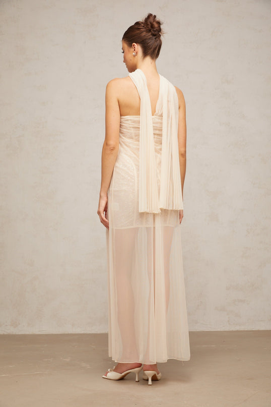 Destiny Elegant Maxi Dress in Neutrals Sequin Ribbon Tulle Sweetheart Off-the-Shoulder Boned Structure Rear Zip Fastening